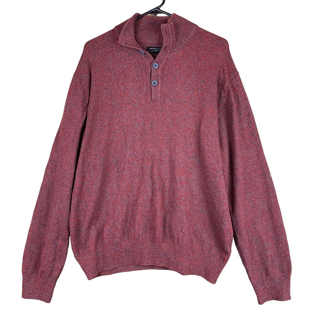 Kenneth Roberts Mens Sweater Red Gray Knitted Henley Collared Wool Blend Large
